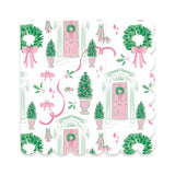 Mary Square Home for Christmas cocktail napkins featuring pink and green holiday doors, wreaths, and bows.