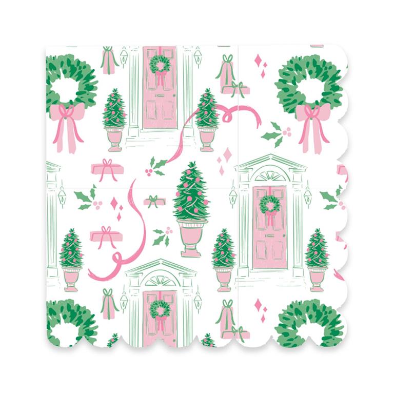 Mary Square Home for Christmas cocktail napkins featuring pink and green holiday doors, wreaths, and bows.