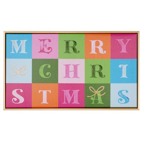 Framed wall art with multicolor block lettering that reads “Merry Christmas,” designed by Cherrywood Lane