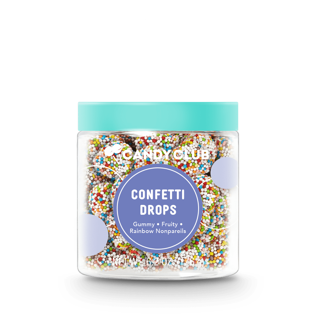 Jar of Candy Club confetti drops on a white background