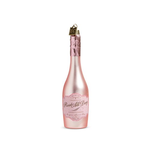 Eric Cortina 5.75-inch pink glass champagne bottle ornament with “Congratulations” label, gift boxed.