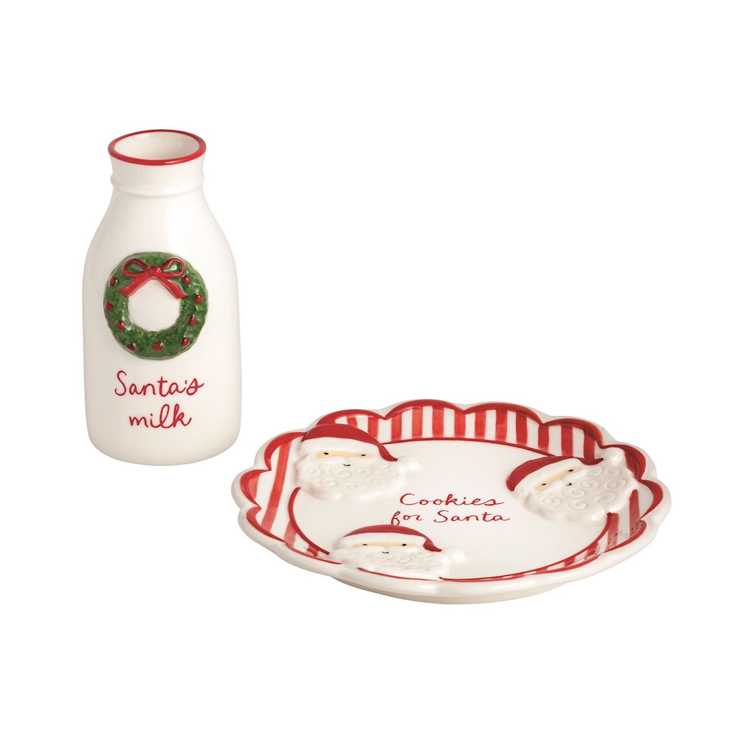 Christmas cookies and milk for Santa set with striped plate and milk jug with wreath