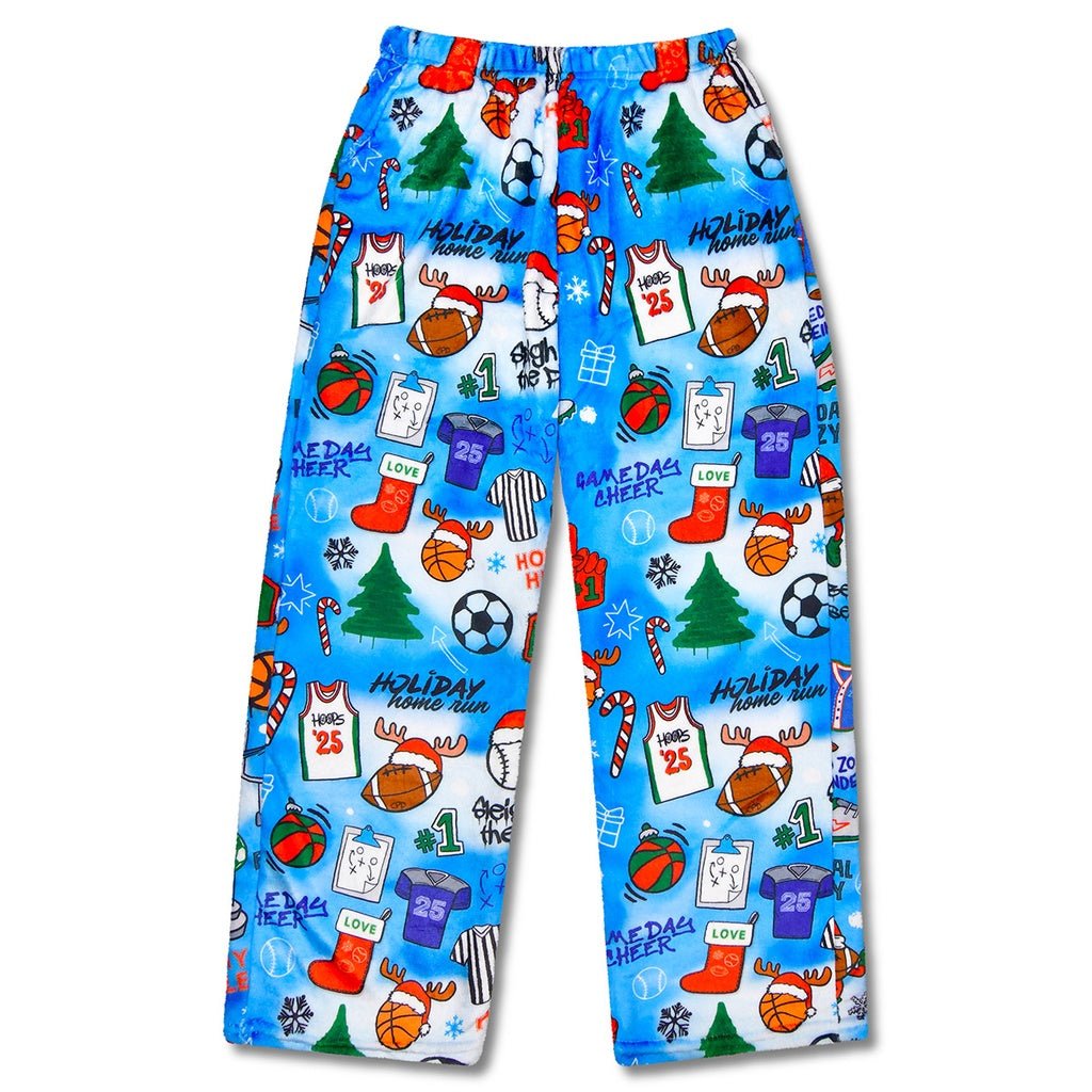 Children’s Corey Paige Holiday Game Day plush pants with festive sports and holiday print on blue background.