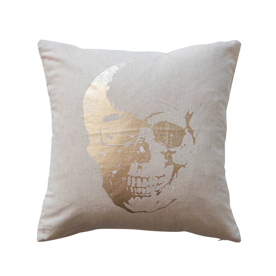 Cotton Printed Pillow w/Skeleton Head & Gold Foil by Creative Co Op at Confetti Gift and Party