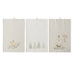 Set of 3 cotton holiday tea towels with printed designs: dove, trees, and nativity