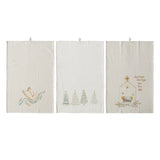 Set of 3 cotton holiday tea towels with printed designs: dove, trees, and nativity