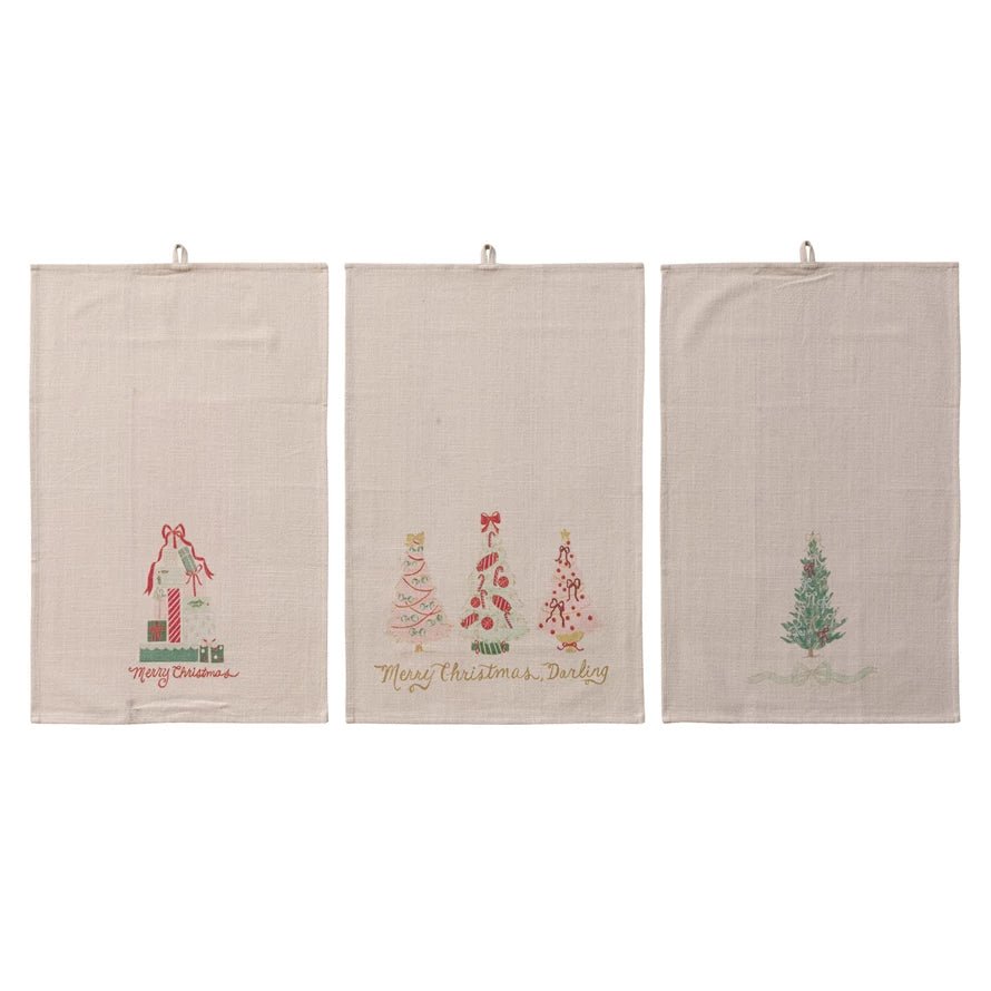Set of 3 holiday tea towels with printed festive designs and sayings