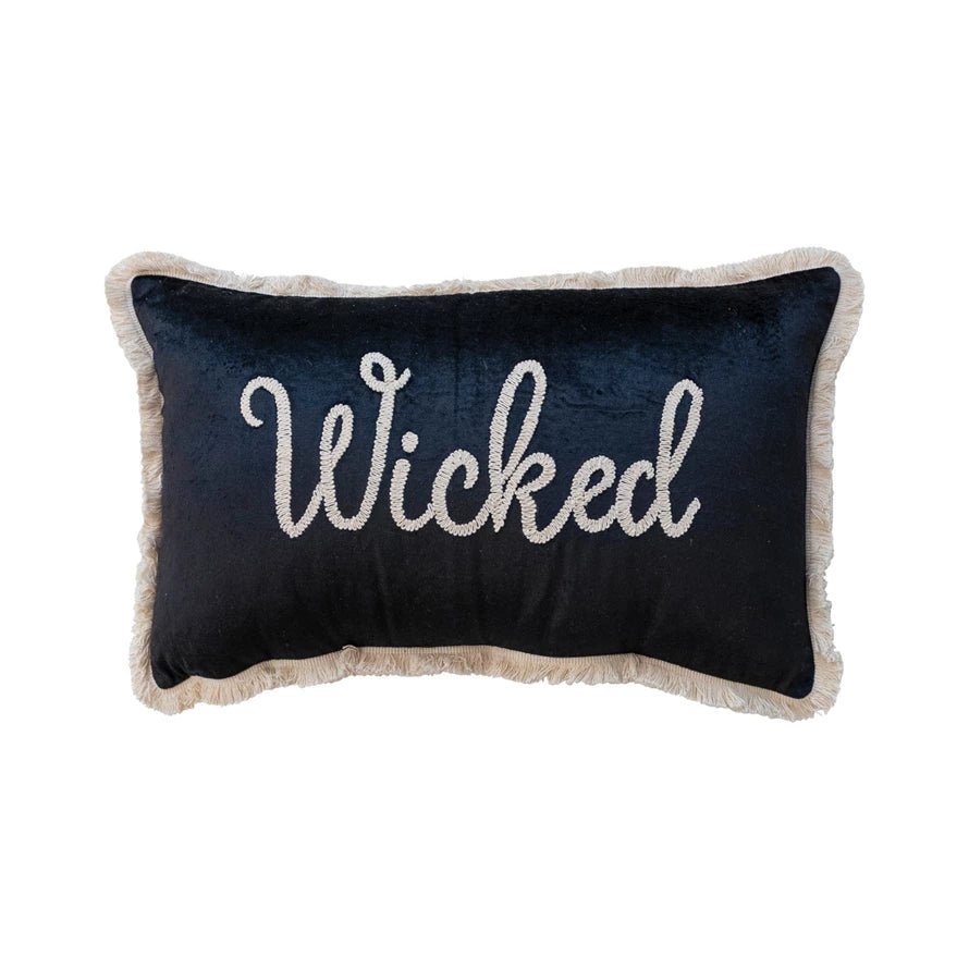 Cotton Velvet Lumbar Pillow w/Embroidery & Fringe "Wicked" by Creative Co Op at Confetti Gift and Party