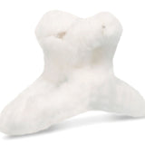 Clear zip pouch containing four plush fuzzy hair clips in pastel white, pink, purple, and blue