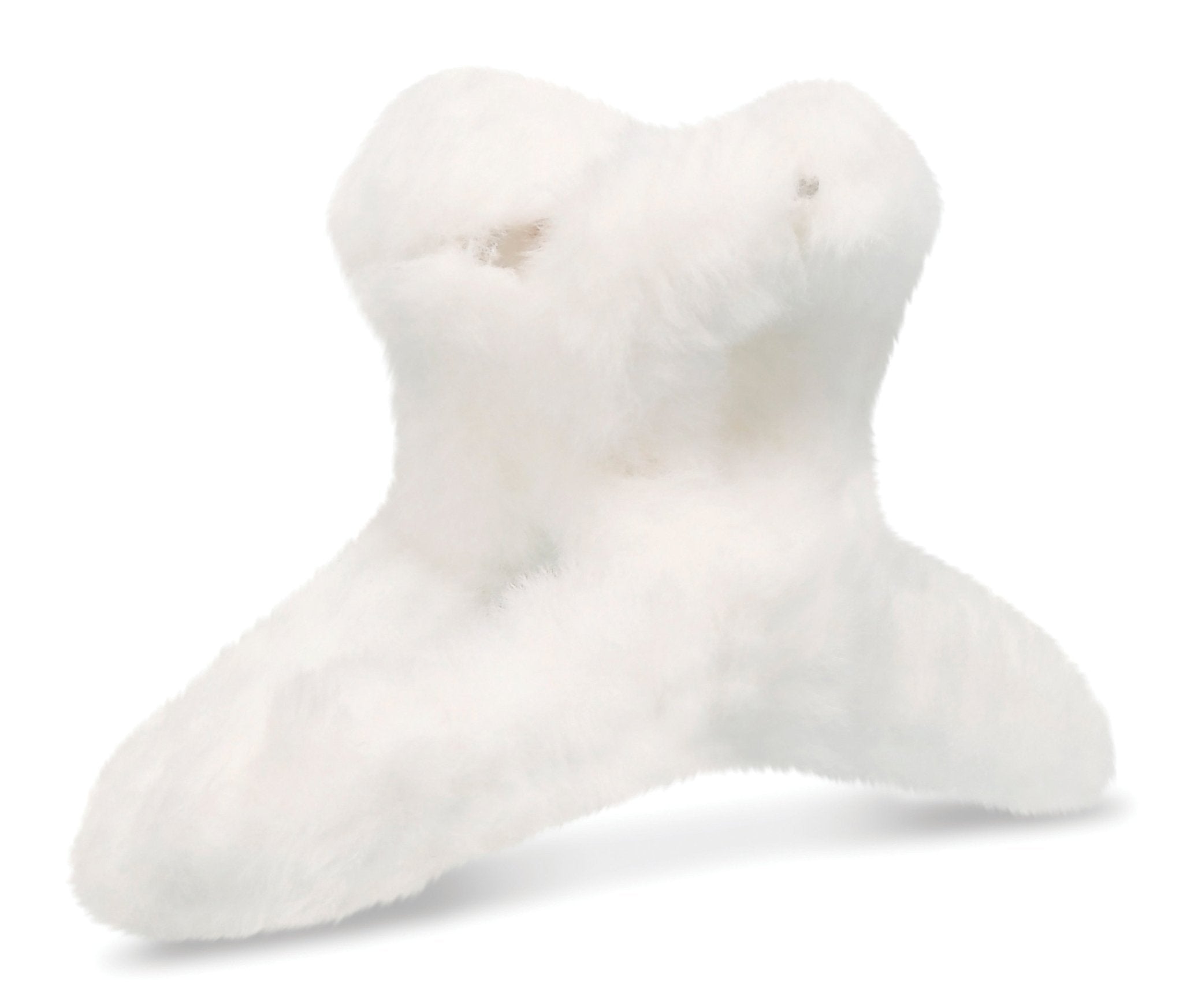 Clear zip pouch containing four plush fuzzy hair clips in pastel white, pink, purple, and blue