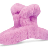 Clear zip pouch containing four plush fuzzy hair clips in pastel white, pink, purple, and blue