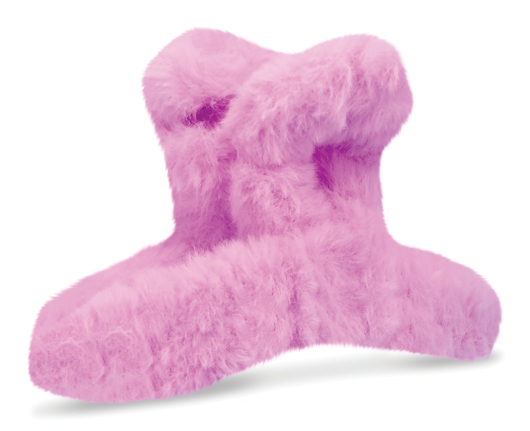 Clear zip pouch containing four plush fuzzy hair clips in pastel white, pink, purple, and blue