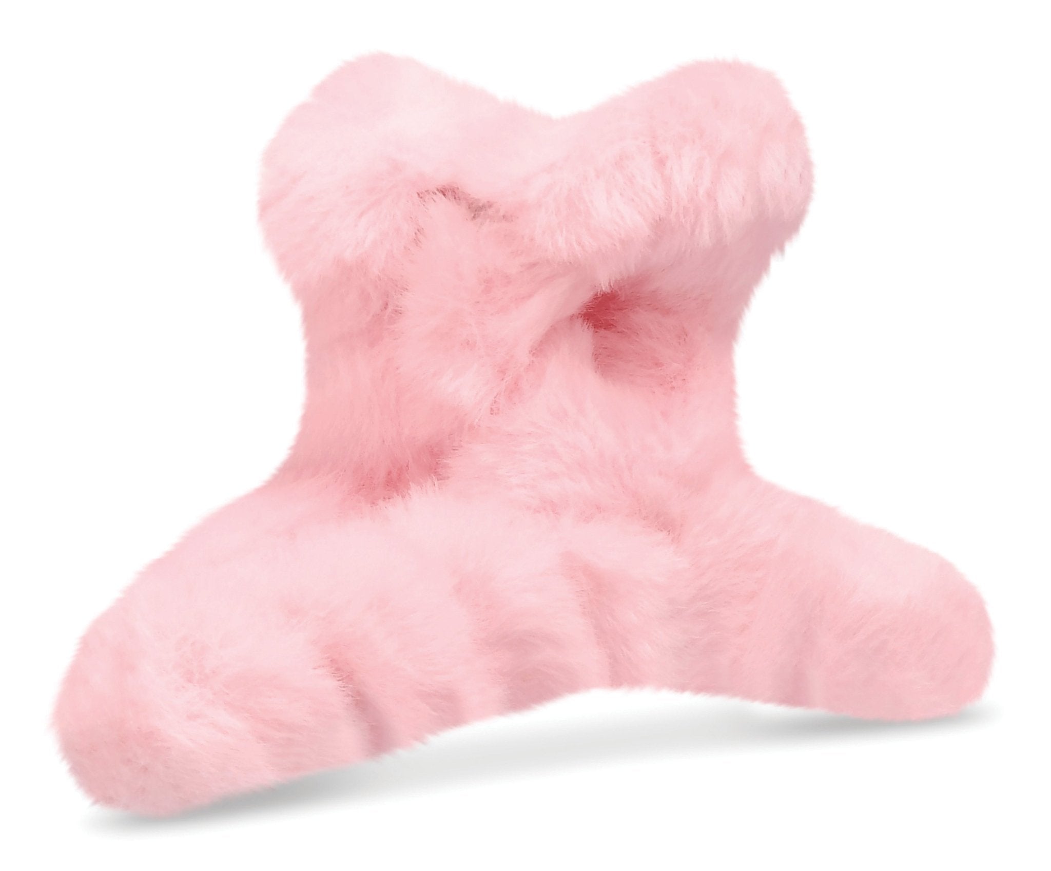 Clear zip pouch containing four plush fuzzy hair clips in pastel white, pink, purple, and blue