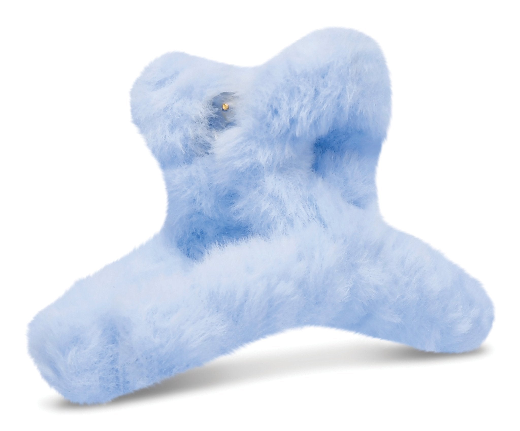 Clear zip pouch containing four plush fuzzy hair clips in pastel white, pink, purple, and blue