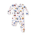 White baby footie pajama with colorful construction trucks and crayon-style illustrations.