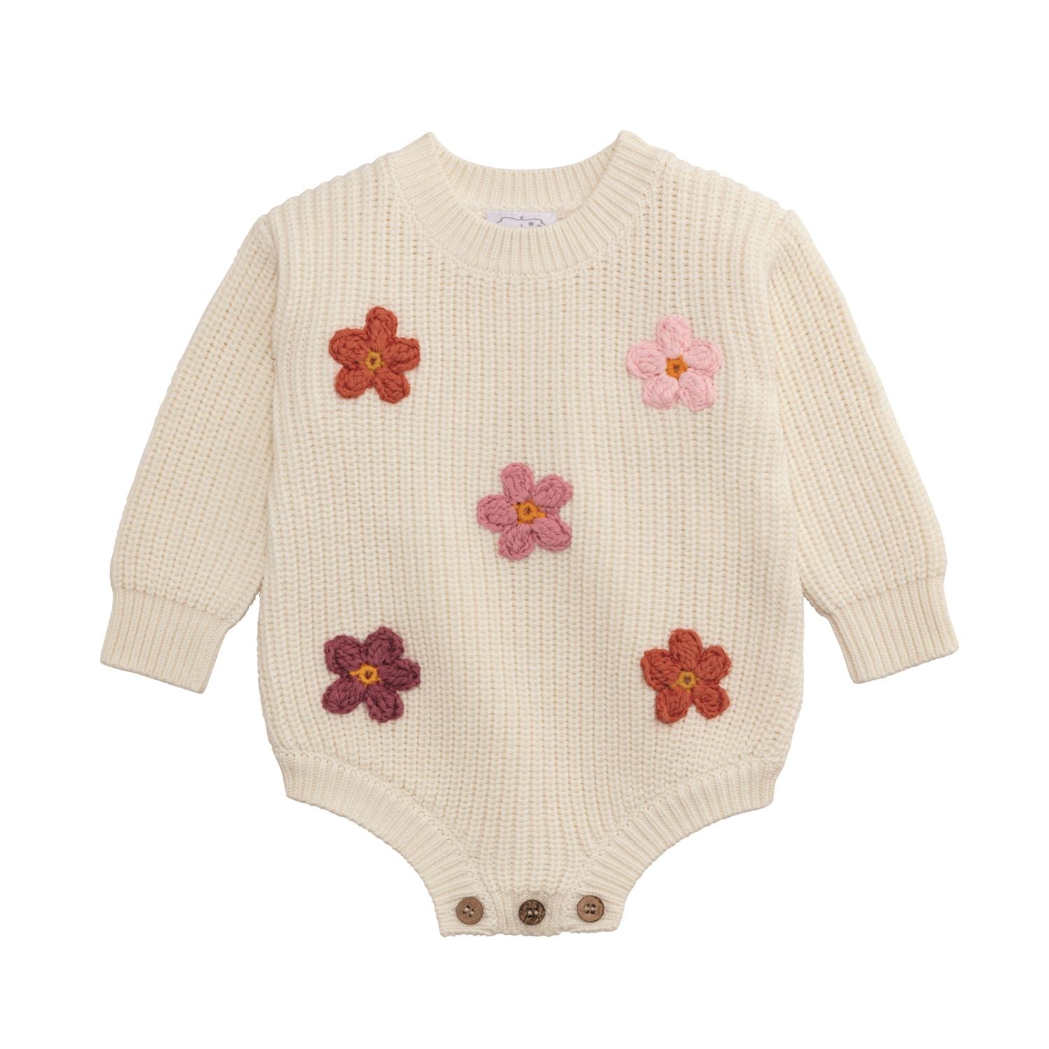 Cream knit baby sweater bubble with crochet daisies and button leg closure