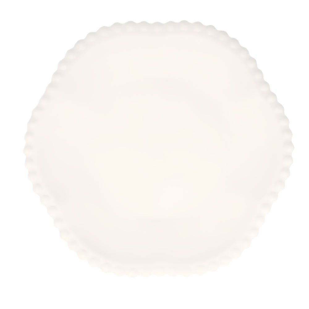 White compostable party plate with scalloped edge, made from bamboo and sugarcane pulp