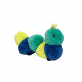 Plush toy caterpillar with green, blue, and yellow segments on a white background
