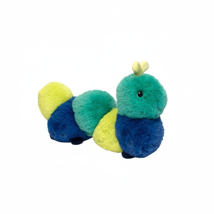 Plush toy caterpillar with green, blue, and yellow segments on a white background