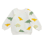 White baby sweatshirt with colorful dinosaur print and ribbed cuffs