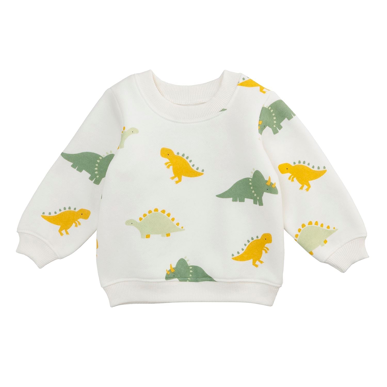 White baby sweatshirt with colorful dinosaur print and ribbed cuffs