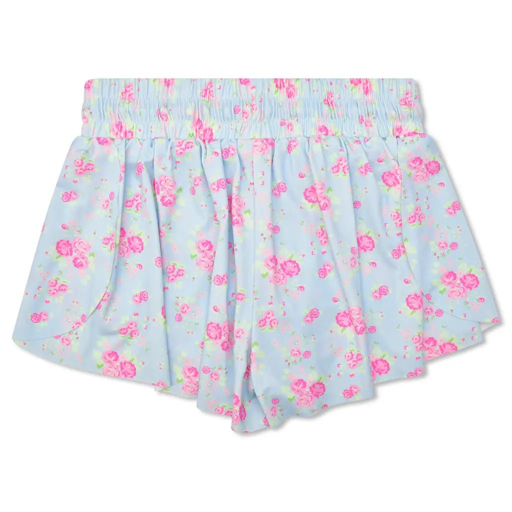 Light blue butterfly shorts with pink floral print for girls