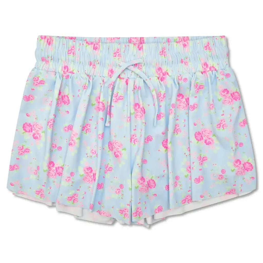 Light blue butterfly shorts with pink floral print for girls