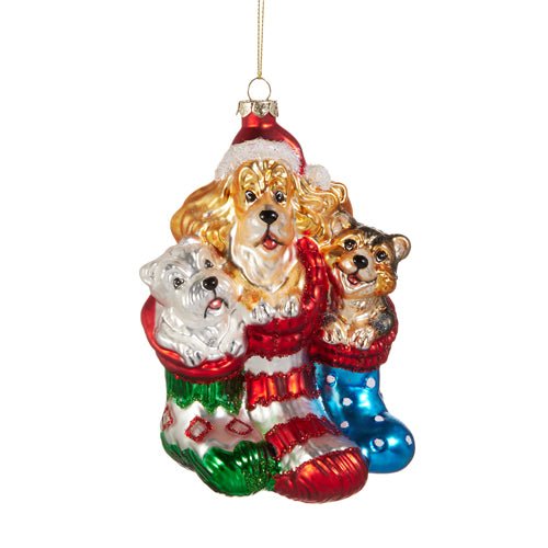 5-inch multicolor glass ornament featuring dogs peeking out of a festive Christmas stocking.