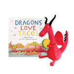 Dragons Love Tacos gift set featuring a hardcover book and a red dragon plush holding a taco.