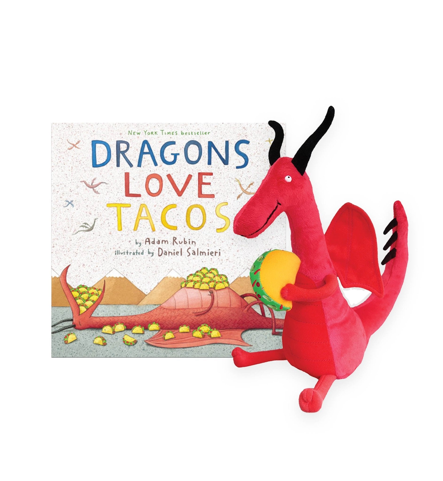 Dragons Love Tacos gift set featuring a hardcover book and a red dragon plush holding a taco.