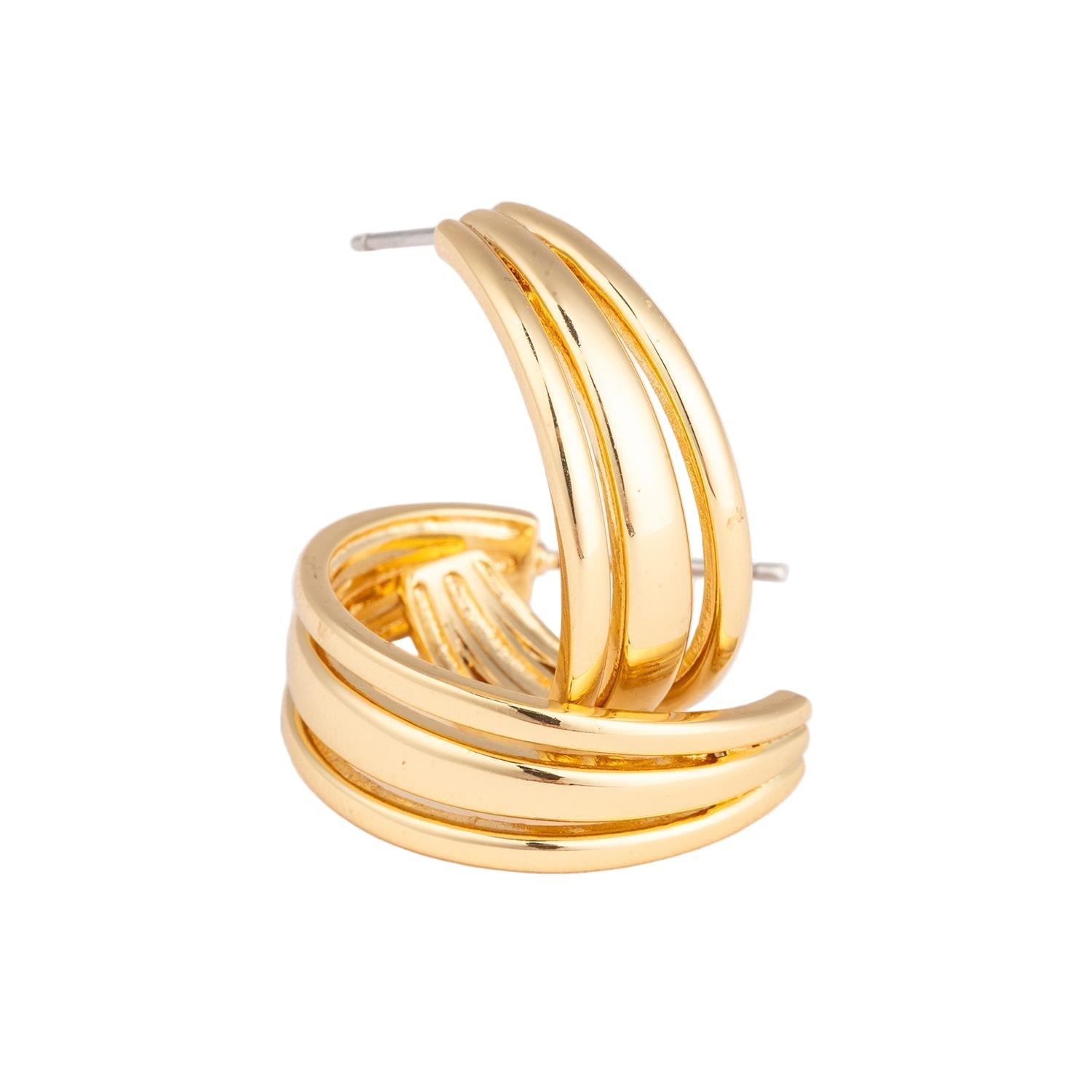 Clara brass-plated shiny 1-inch hoop earrings with triple row detail