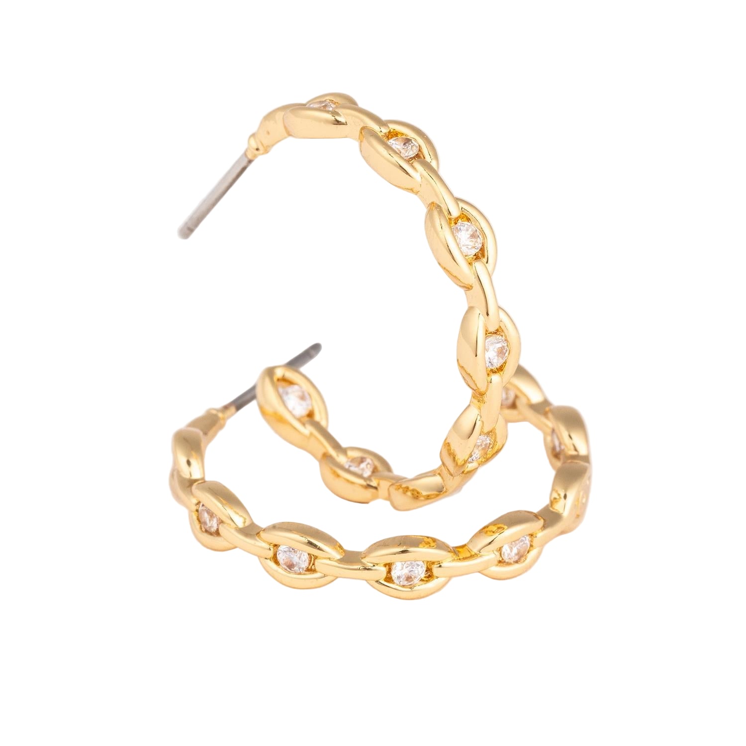 Evan brass-plated shiny 1-inch hoop earrings with chain and cubic zirconia stone detail