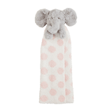 Plush toy with polka dot blanket on a white background