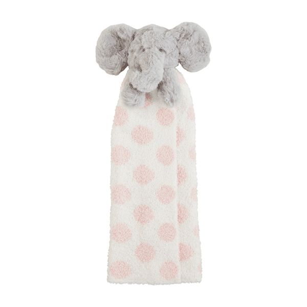 Plush toy with polka dot blanket on a white background