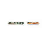 Colorful enameled metal trays with fruit and abstract patterns, set of 2 with gold edges