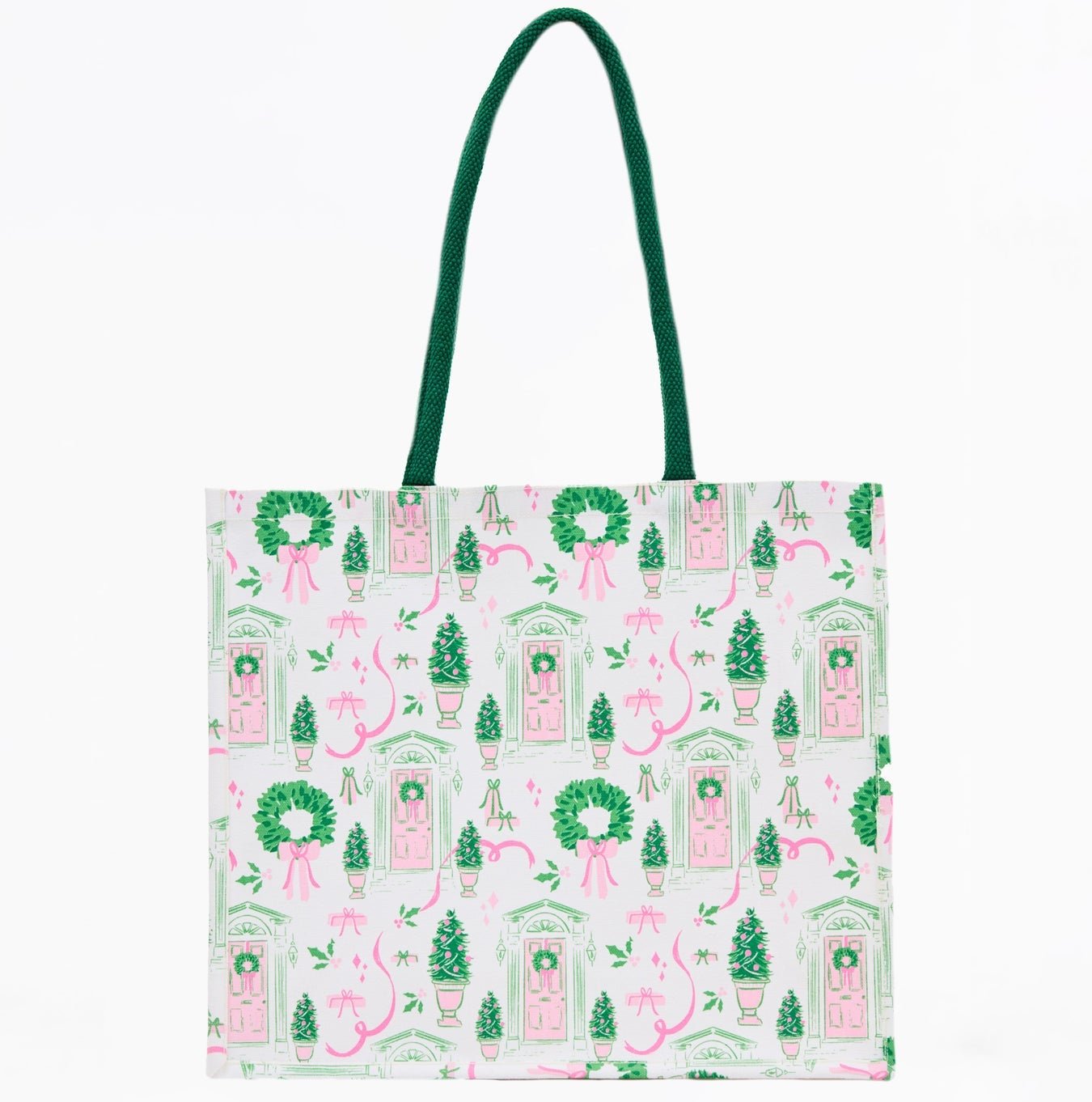 Tote bag with festive design featuring pink elves, green wreaths, and red doors on a light background.