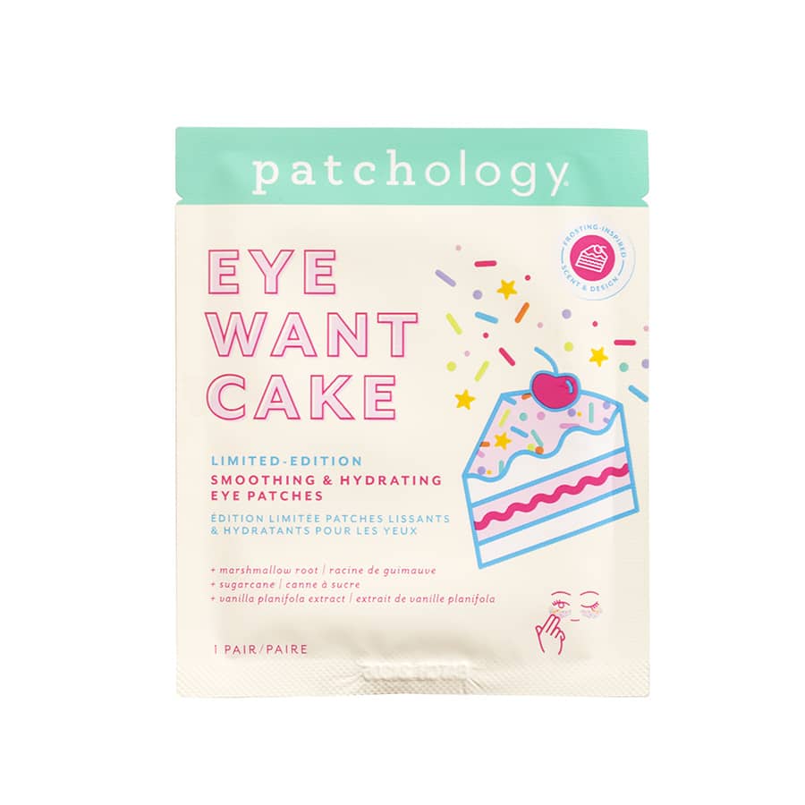 Patchology Eye Want Cake smoothing and hydrating eye patches in sprinkle-themed packaging