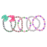 Set of five girls’ beaded bracelets in pastel and metallic styles, featuring bows, word beads, and pearl details, displayed on a white background.