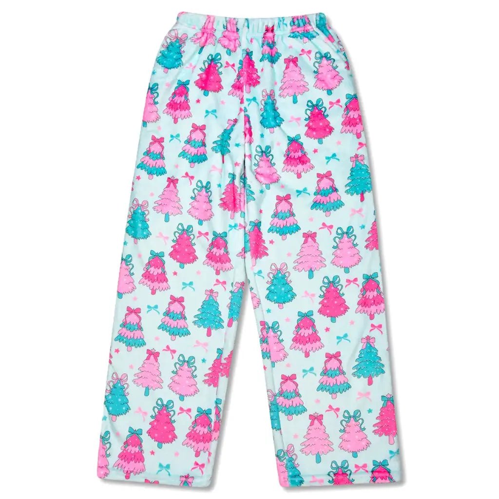 Children’s Fancy Trees plush pants with festive pink and teal Christmas tree print, elastic waistband, and front pockets.