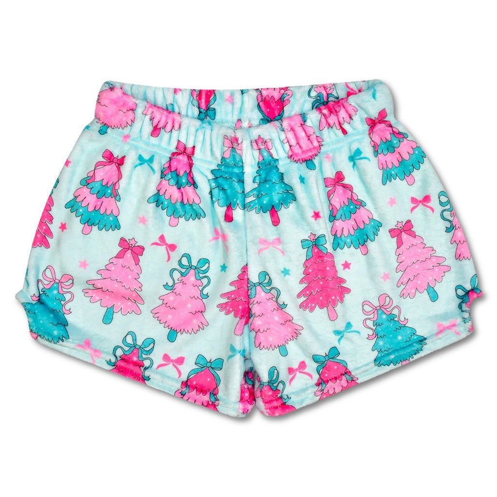 Children’s Fancy Trees plush shorts with pink and teal Christmas tree print, back pocket, and elastic waistband.