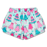 Children’s Fancy Trees plush shorts with pink and teal Christmas tree print, back pocket, and elastic waistband.