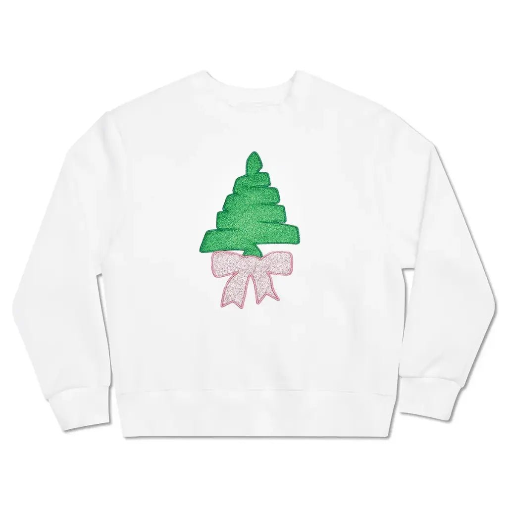 White children’s sweatshirt with glitter green Christmas tree and pink glitter bow design, holiday-themed and cozy.