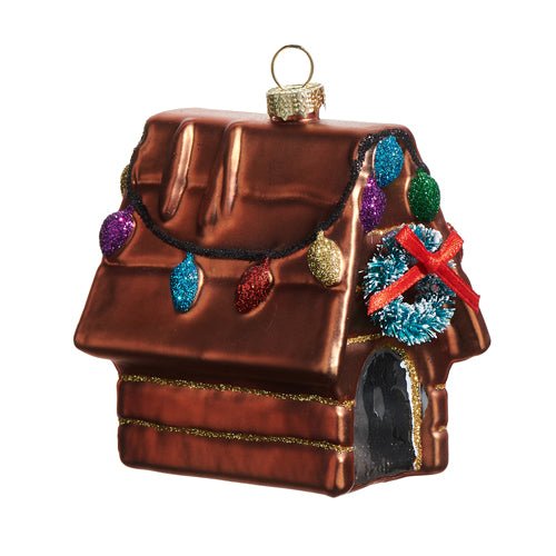 3.25-inch glass and PVC Festive Doghouse ornament with holiday details, perfect for pet lovers.