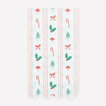 Christmas paper guest towel with red and green holiday icons and pink stripes