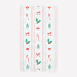 Christmas paper guest towel with red and green holiday icons and pink stripes