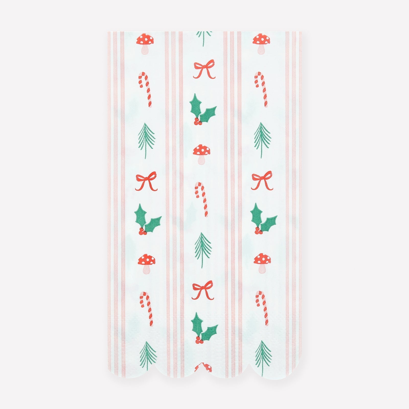 Christmas paper guest towel with red and green holiday icons and pink stripes