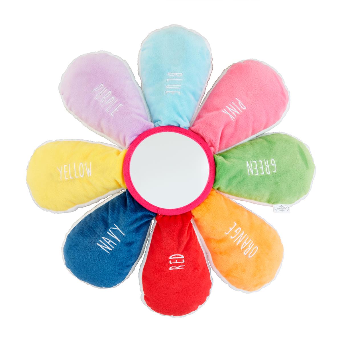 Plush flower learning toy with smiling yellow center and colorful embroidered petals