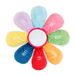 Plush flower learning toy with smiling yellow center and colorful embroidered petals