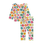 Flower Power two-piece toddler outfit with colorful floral print and ruffle shoulder top