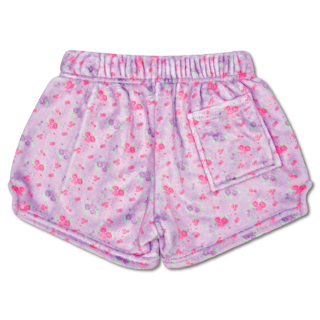 Lilac plush shorts with pink floral print for girls